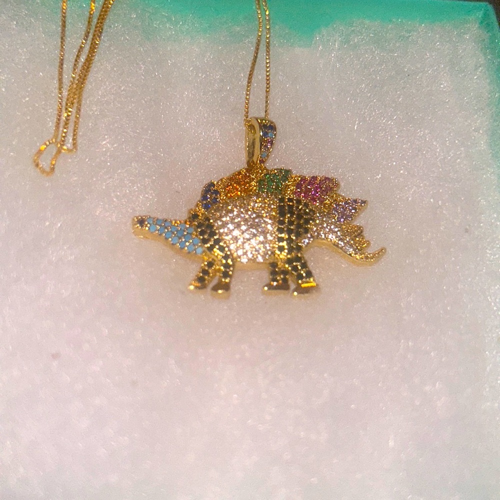 Boho hippie Stegosaurus Dinosaur Gold Plated over Silver 16” Necklace - Picture 3 of 6